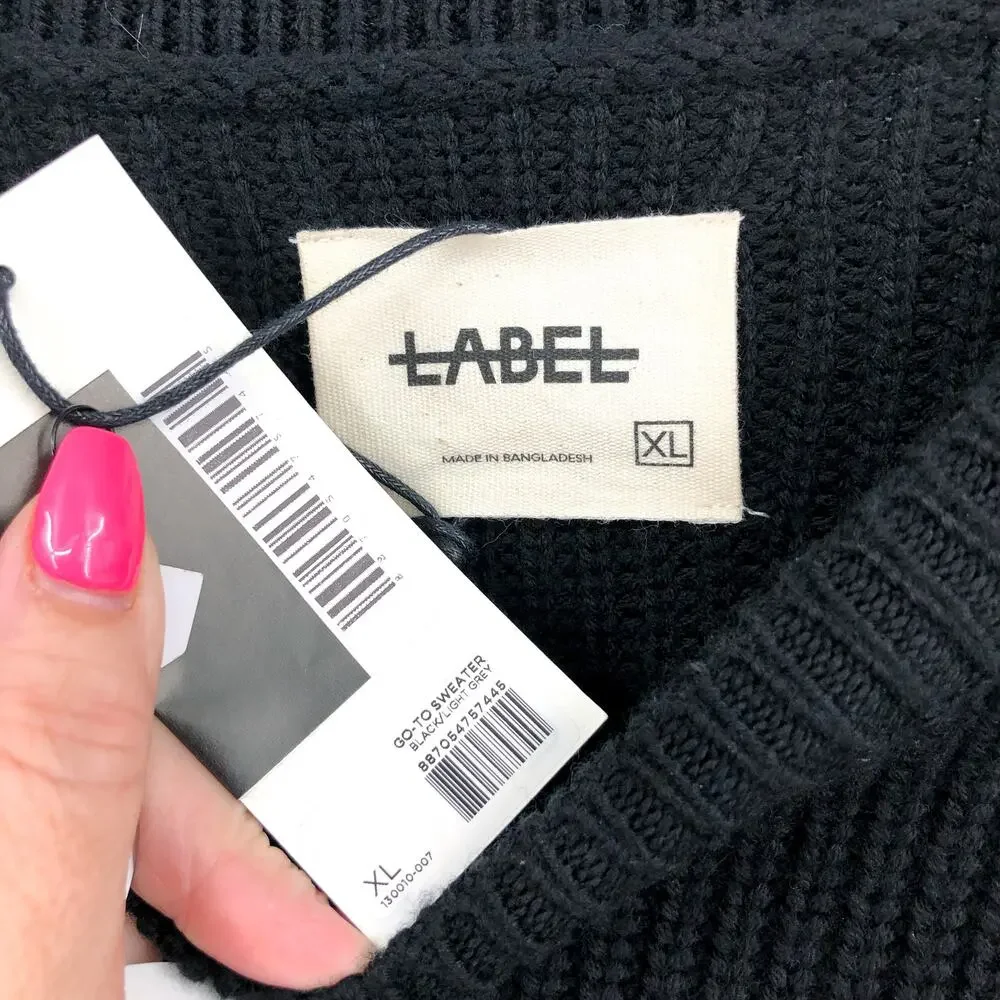 LABEL Mens Go-To Sweater XL Black Grey Merino Wool Knit Crewneck Pullover NWT
